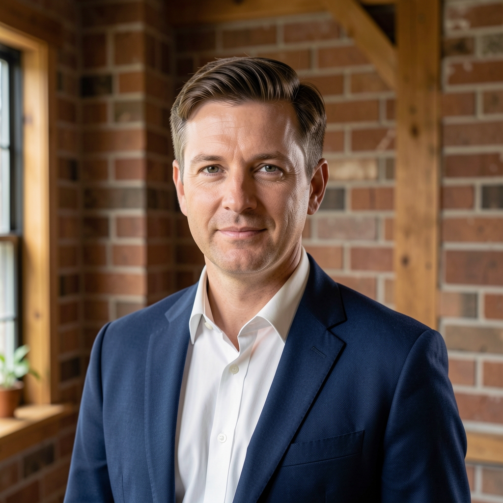 Editorial portrait of Tobias Ashcroft, natural light against a brick and timber interior